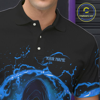 Mens bowling polo, 1/4 zip shirts Custom blue flame skull bowling team jerseys, gift for Bowlers NQS10056