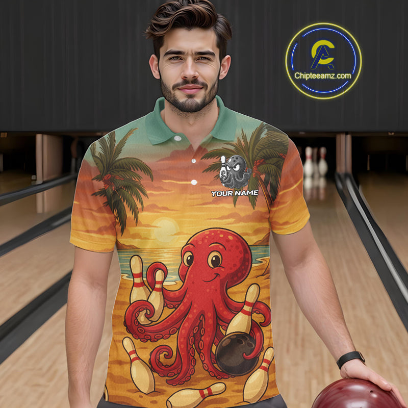 Funny Octopus Bowling Polo, Quarter Zip shirts for Men Custom Octopus Team bowling jersey NQS10587