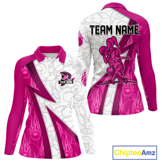 Custom Bowling Polo, Quarter Zip Shirt For Women Pink flame camo Bowling shirts, Bowling Team jerseys NQS11585