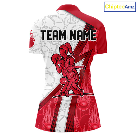 Custom Bowling Polo, Quarter Zip Shirt For Women Red flame camo Bowling shirts, Bowling Team jerseys NQS11586