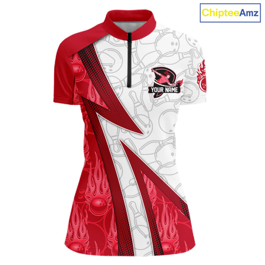 Custom Bowling Polo, Quarter Zip Shirt For Women Red flame camo Bowling shirts, Bowling Team jerseys NQS11586