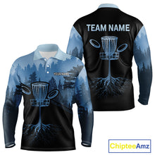 Load image into Gallery viewer, Black and Blue forest camo Mens Disc golf polo shirts Custom team disc golf wear, disc golf outfit NQS10065