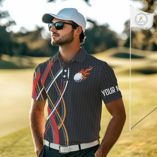Mens Golf polo shirts flame golf ball sport Custom golf outfit for men, unique golf gifts | Black NQS10066