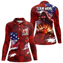 Load image into Gallery viewer, Personalized Red Grunge American flag Skull Bowling shirt for Women Custom Team's Name Bowler Jerseys NQS8851