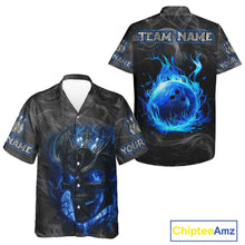 Load image into Gallery viewer, Grey Smoke Blue Flame Skull Bowling Hawaiian Shirt Custom Team Bowling Jerseys NQS11182