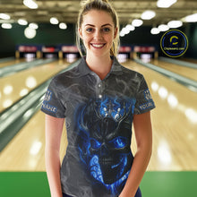 Load image into Gallery viewer, Grey Smoke Blue Flame Skull Bowling Polo, Quarter Zip Shirts For Women Custom Team Bowling Jerseys NQS11182