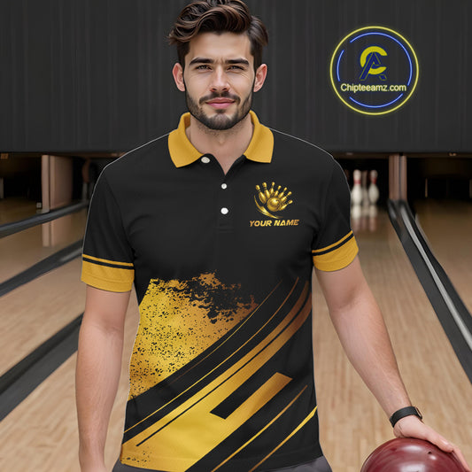 Custom Black And Gold Bowling Team Polo, Quarter-Zip Shirts For Men, Personalized Bowling Jerseys NQS10219