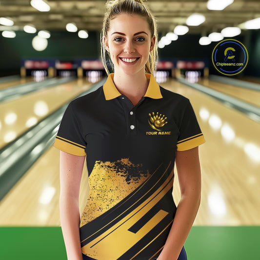 Custom Black And Gold Bowling Team Polo, Quarter-Zip Shirts For Women, Personalized Bowling Jerseys NQS10219