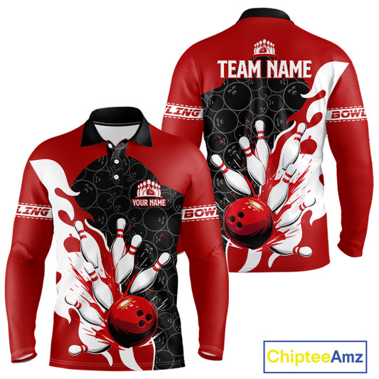 Black and Red Camo Bowling Polo, Quarter Zip Shirt For Men custom Bowling Team Jerseys Uniform NQS10380