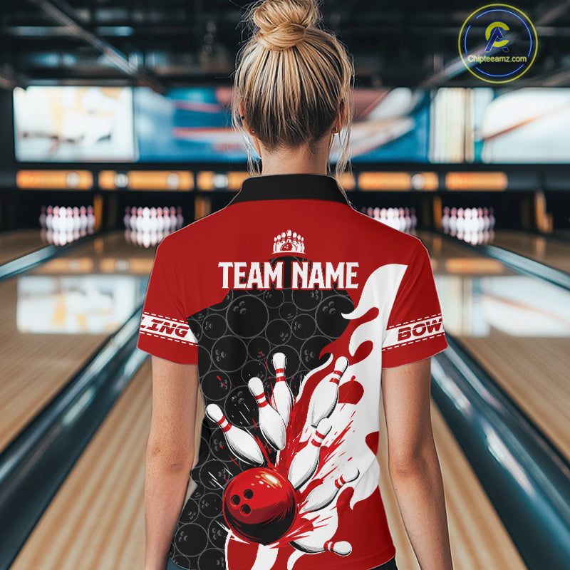 Black and Red Camo Bowling Polo, Quarter Zip Shirt For Women custom Bowling Team Jerseys Uniform NQS10380