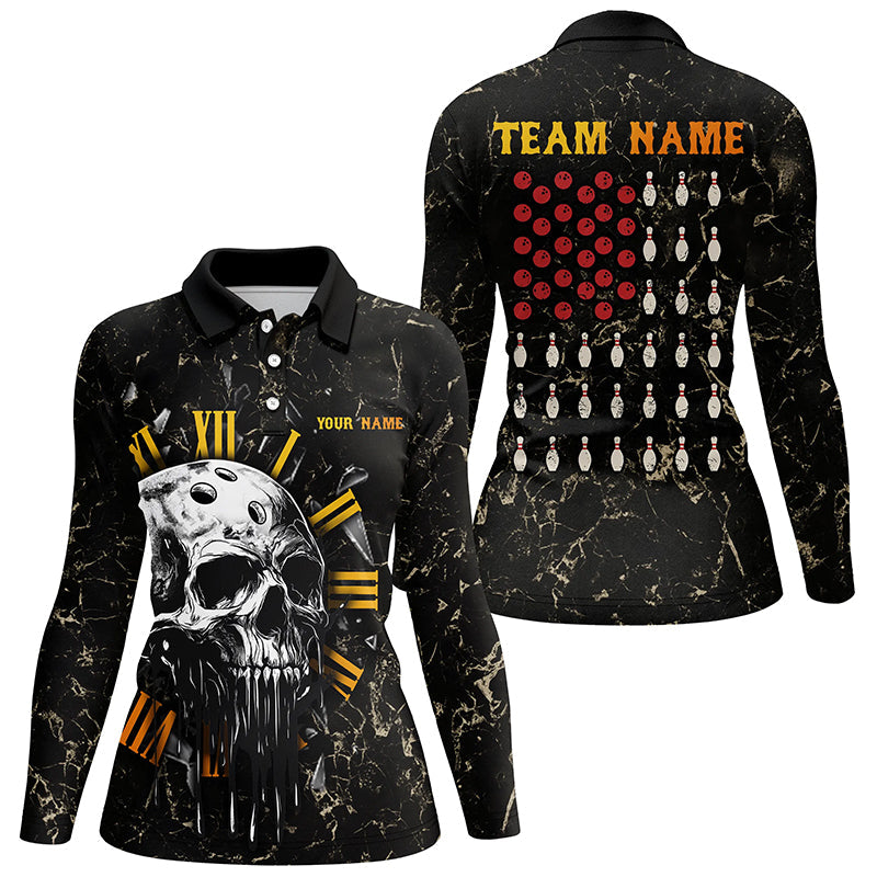Skull Bowling Camo American Flag Custom Bowling Polo, 1/4 zip Shirts For Women Bowling Team Jerseys NQS8427