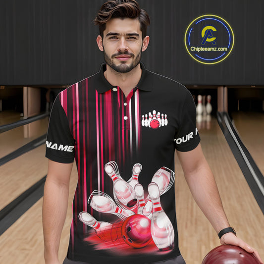 Black and red light Men bowling Polo, Quarter Zip Shirt Custom bowling ball and pins Team jerseys NQS9828