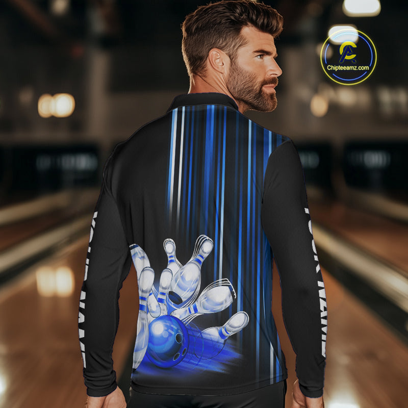 Black and blue light Men bowling Polo, Quarter Zip Shirt Custom bowling ball and pins Team jerseys NQS9829
