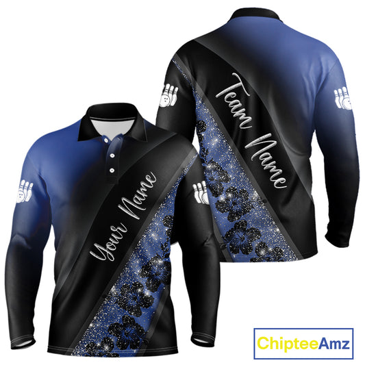 Black and Blue Glitter Flower Bowling Polo, Quarter Zip Shirt for Men Custom Bowling Team Jerseys NQS10383