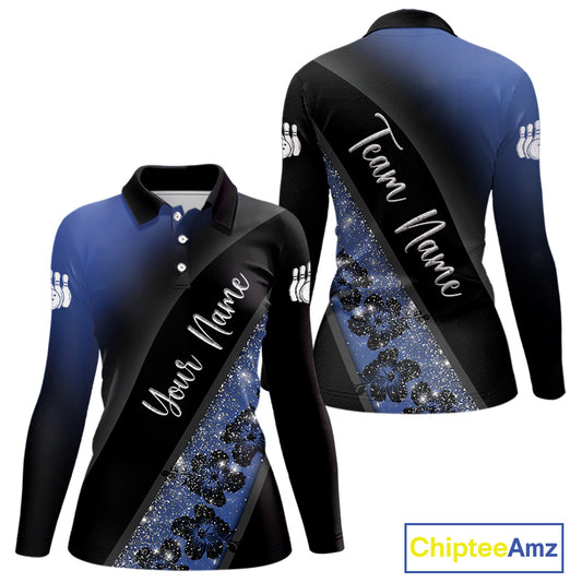 Black and Blue Glitter Flower Bowling Polo, Quarter Zip Shirt for Women Custom Bowling Team Jerseys NQS10383