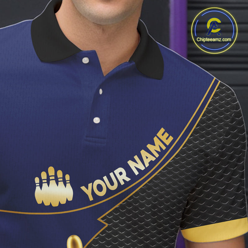 Blue and Gold Bowling shirts for men Custom Team Bowling Polo, 1/4 zip Shirt bowlers Outfit NQS10986