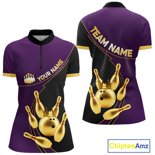 Purple and Gold Bowling shirts for Women Custom Team Bowling Polo, 1/4 zip Shirt bowlers Outfit NQS10987