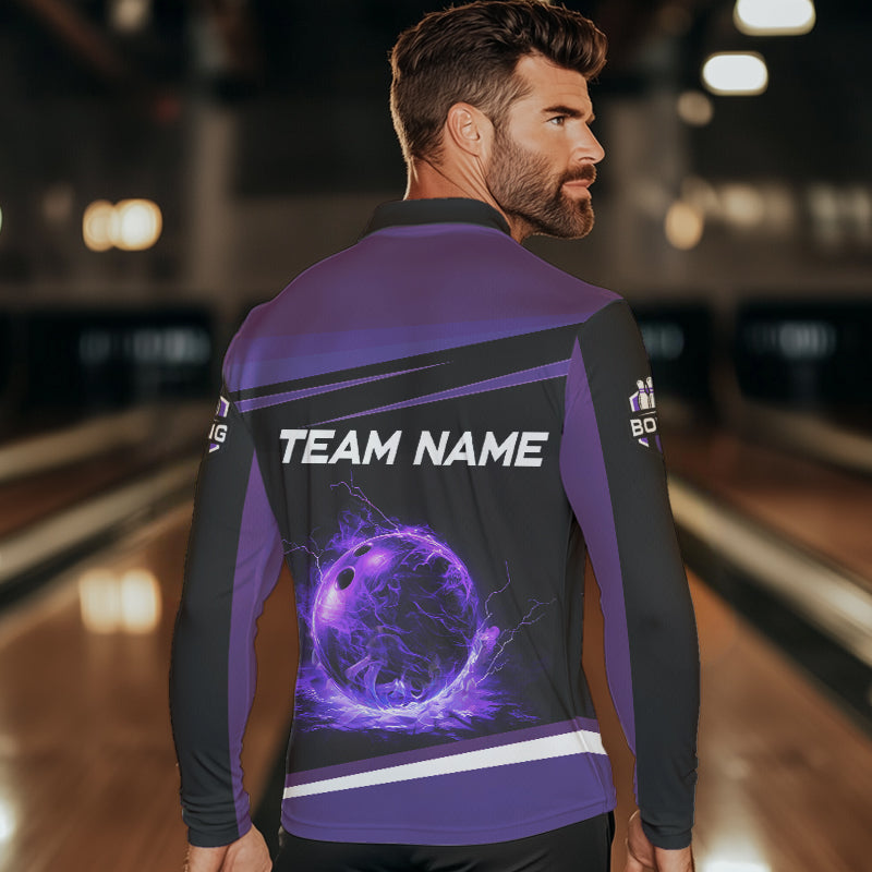 Black and Purple Lighting Flame Mens Bowling Polo, Quarter Zip Shirt Custom Team bowling jerseys NQS9320