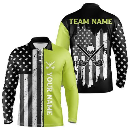 Black White Retro American Flag Golf Polo Shirt for Men Custom Patriotic Golf Team Shirt | Green NQS9637