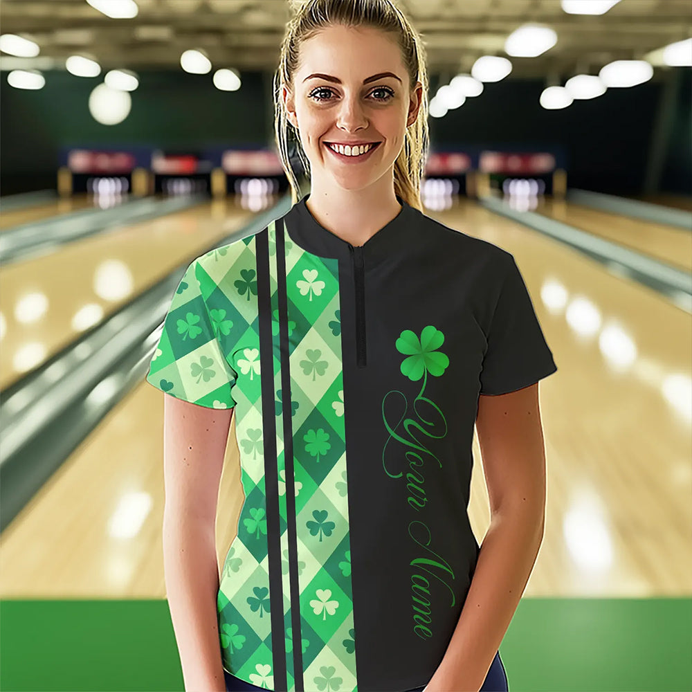 Black and Green Argyle Clover pattern Women Bowling Shirts Custom St patrick Day Bowling Team Jersey NQS9639