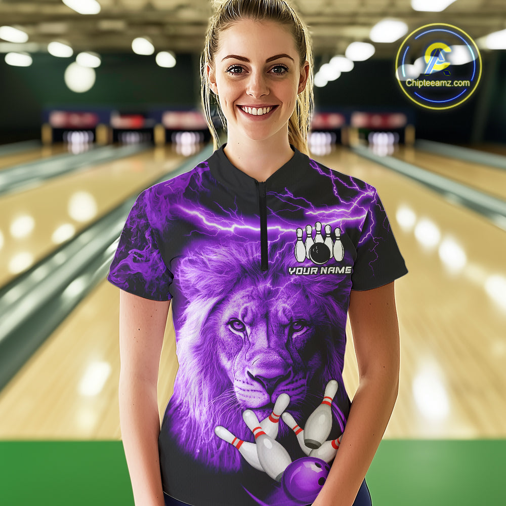 Personalized Purple Lightning Thunder Storm Lion Bowling Shirts For Women Custom Bowling Team Jerseys NQS9839