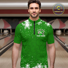Load image into Gallery viewer, Green Christmas Bowling snowflake Men's Bowling Polo, Quarter Zip shirts Custom Xmas Bowling Outfits NQS10996