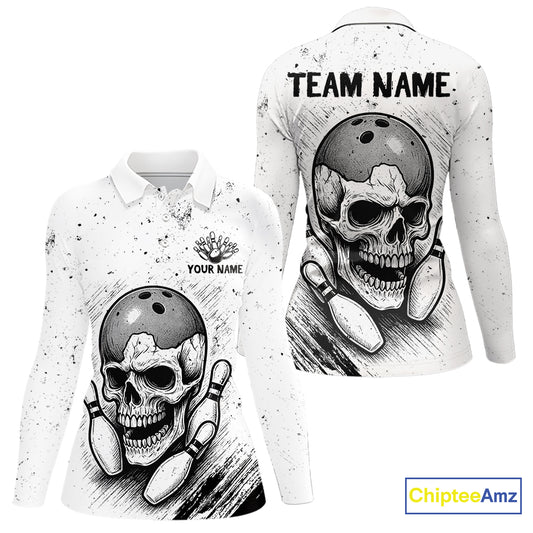 Black and White Grunge Skull Bowling Polo, 1/4 Zip Shirts For Women Custom Skull team bowling jerseys NQS9854