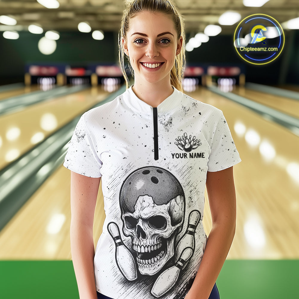 Black and White Grunge Skull Bowling Polo, 1/4 Zip Shirts For Women Custom Skull team bowling jerseys NQS9854