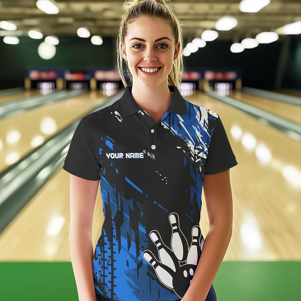 Black and Blue Womens bowling shirts Custom retro bowling ball and pins bowling team league jerseys NQS9474