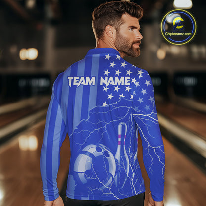 Personalized Blue American flag Lightning thunder Custom Bowling Team Shirts For Mens Bowling Jersey NQS9857