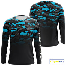 Load image into Gallery viewer, Fishing black and blue camouflage UV long sleeve hooded camo fishing shirts Custom fishing apparel NQS10600