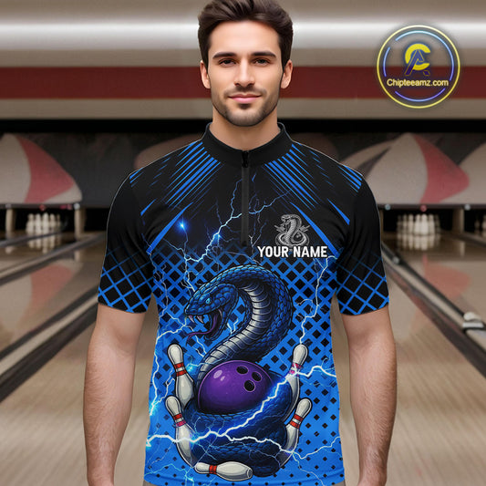 Black and Blue Lightning Thunder Cobra Snake Bowling Shirts For Men Custom Bowling Team League Jersey NQS11006