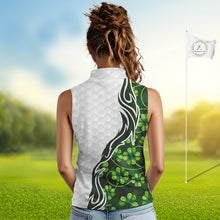 Load image into Gallery viewer, Custom White and Green shamrock pattern Sleeveless Golf Polo Shirts, St Patrick&#39;s day ladies golf top NQS11208