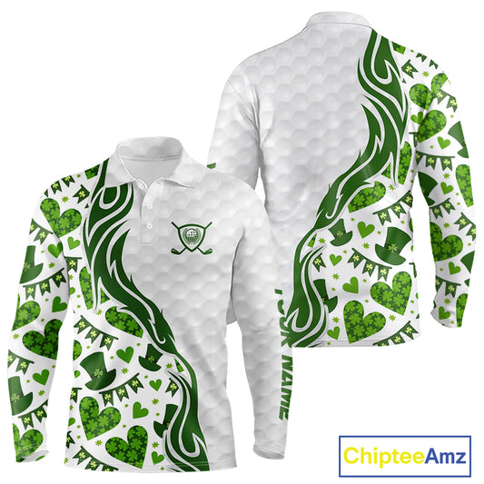 Custom White and Green St Patrick's day pattern Golf Polo Shirts For Men, team mens golf outfit NQS11209