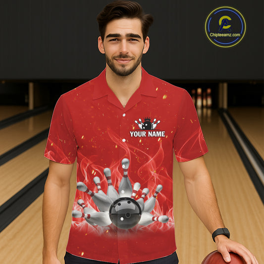 Personalized Red Flame Funny Bowling Button-up shirts My drinking team has a bowling problem NQS11615