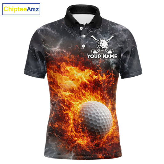 Custom Orange Flame Lightning Thunder Mens Golf Polo Shirt, Golf attire For Men Golfing Gifts NQS11619