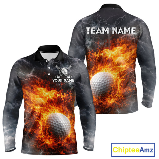 Custom Orange Flame Lightning Thunder Mens Golf Polo Shirt, Golf attire For Men Golfing Gifts NQS11619