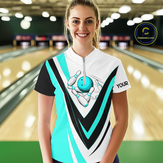 Custom bowling Quarter Zip shirts for women I'm not swearing, I'm using my bowling words Cyan shirt NQS7435