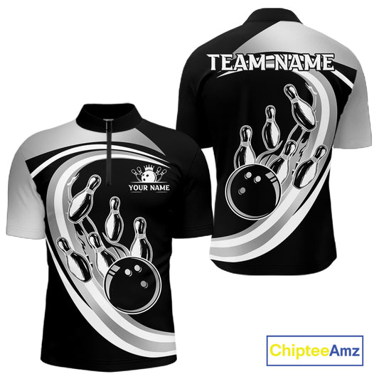 Black and Silver Bowling Shirts For Men Custom Bowling Team League Jerseys, Gift For Bowler NQS11416