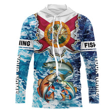 Load image into Gallery viewer, Florida Flag Redfish, trout, snook blue wave camo custom name performance long sleeve fishing shirts NQS9488