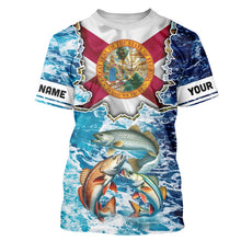 Load image into Gallery viewer, Florida Flag Redfish, trout, snook blue wave camo custom name performance long sleeve fishing shirts NQS9488