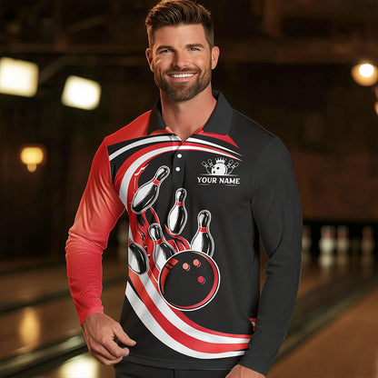 Black and Red Bowling Polo, 1/4 Zip Shirt For Men Custom Bowling Team League Jersey, Gift For Bowler NQS9490