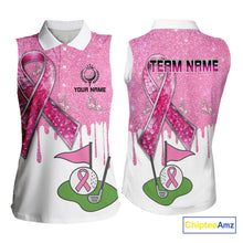 Load image into Gallery viewer, Pink ribbon glitter Women Golf sleeveless Polo Shirt Custom team golf jersey, breast cancer golf shirt NQS9882