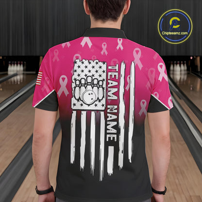 Custom American flag patriotic Pink ribbon breast cancer bowling shirt for men bowling team jersey NQS10413