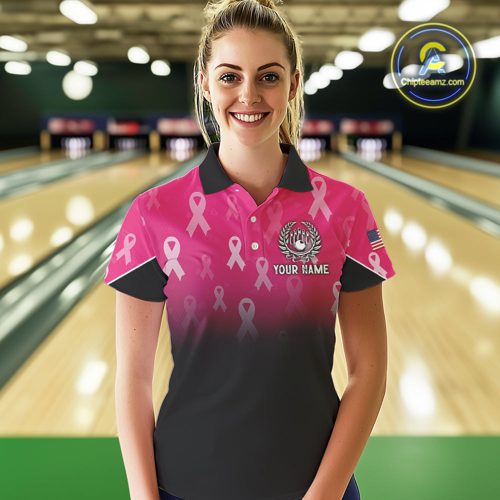 Custom American flag patriotic Pink ribbon breast cancer bowling shirt for Women bowling team jersey NQS10413