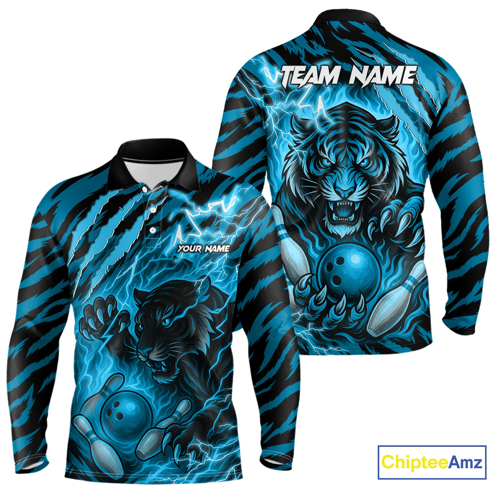Personalized Tiger Bowling Shirts For Men, Blue Flame Lightning Thunder Tiger Team Bowling Jerseys NQS11232