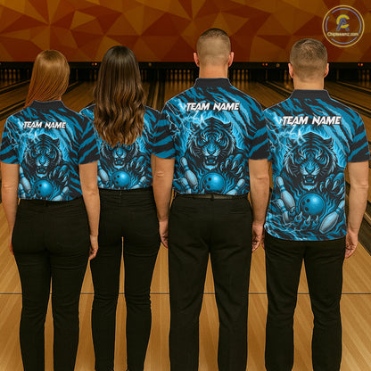 Personalized Tiger Bowling Shirts For Women, Blue Flame Lightning Thunder Tiger Team Bowling Jerseys NQS11232
