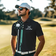 Load image into Gallery viewer, Black &amp; Turquoise American Flag Mens golf polo shirts custom patriotic golf attire for men NQS9355