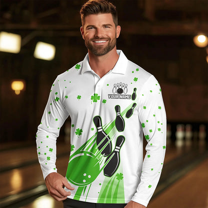 Green and White Shamrock Lucky Bowling Shirts For Men Custom St Patrick Day Team Bowling Jerseys NQS9499