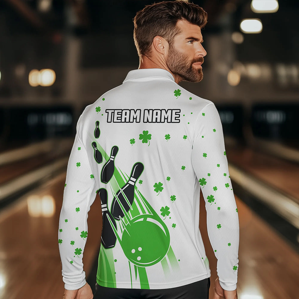 Green and White Shamrock Lucky Bowling Shirts For Men Custom St Patrick Day Team Bowling Jerseys NQS9499